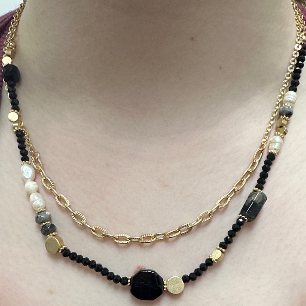 Gold & Black Layered Beaded Necklace